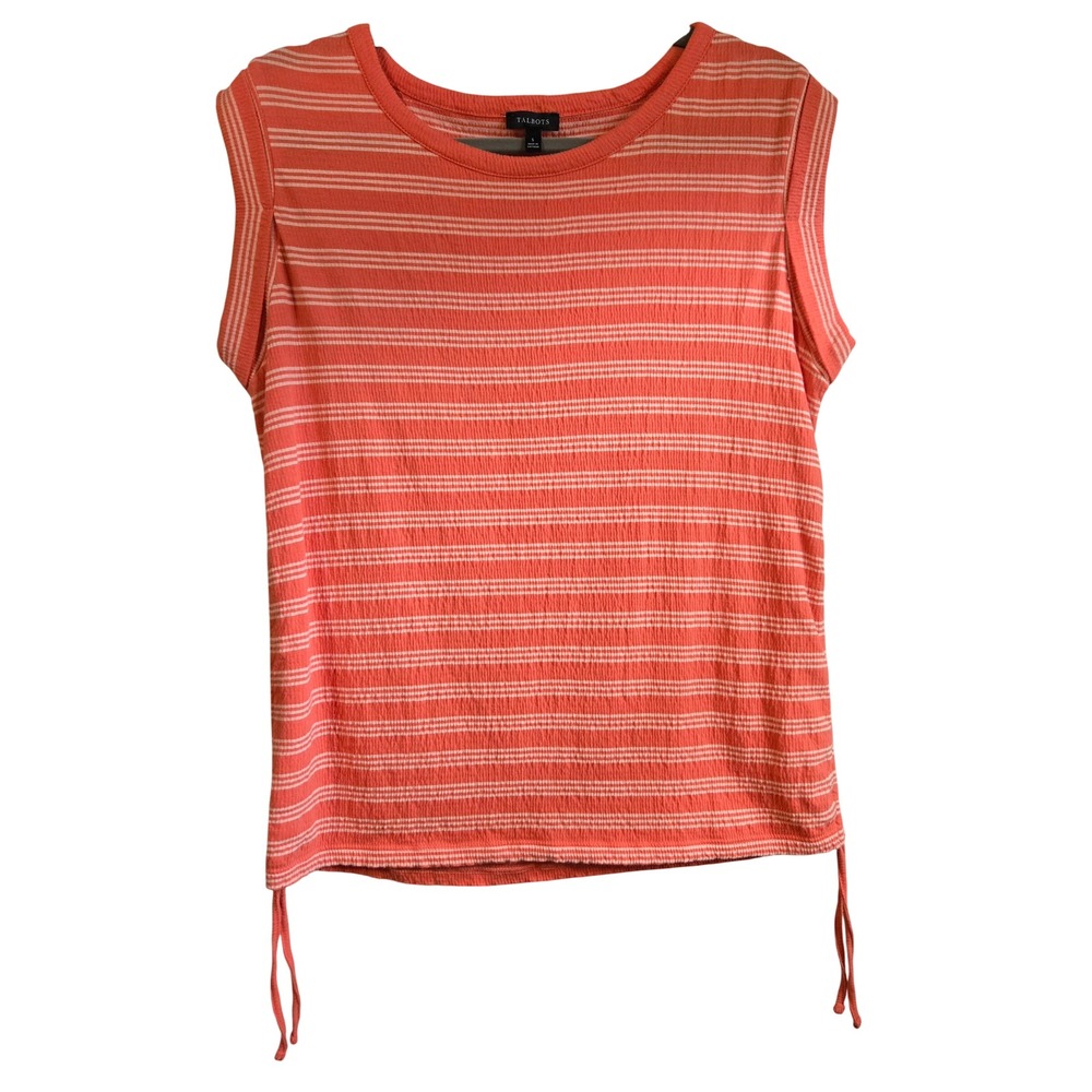 Talbots SM Cute Tangerine White Striped Sleeveless Ruched Side Cinch Knit Top
